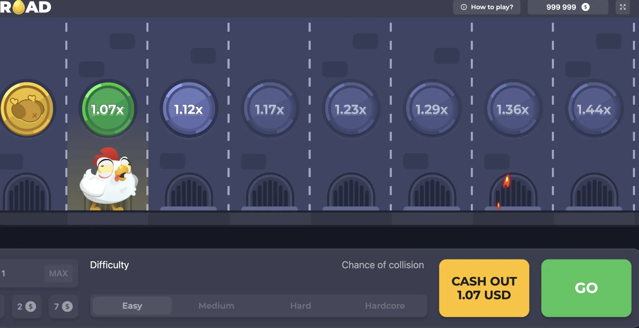 Il tavolo di Chicken Road: la gallina alla partenza, i dischi da 1,03x a 1,44x, i forni sotto la strada e il tasto Play